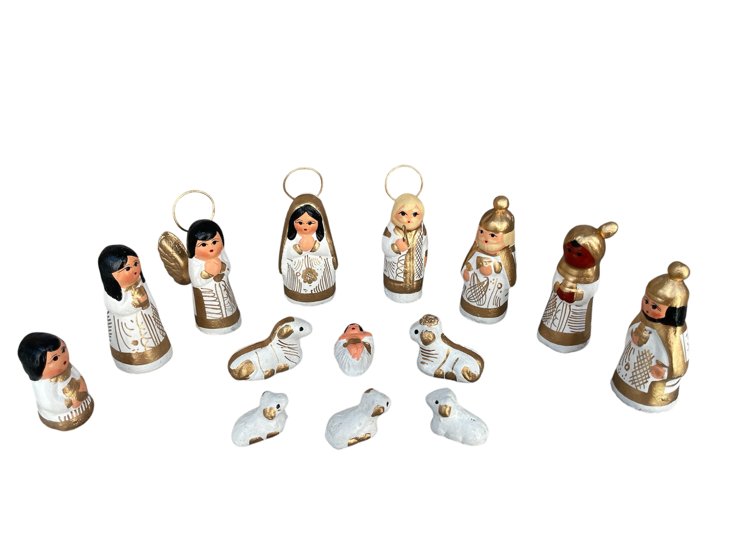 Crèche petite 14 santons, blanche et dorée (6,5 cm)