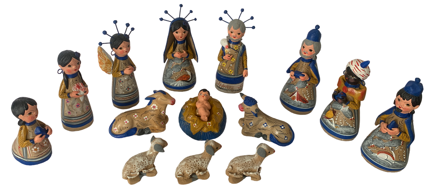 Crèche grande 14 santons, bleue (15 cm).