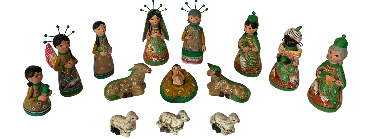 Crèche grande 14 santons, verte (15 cm).