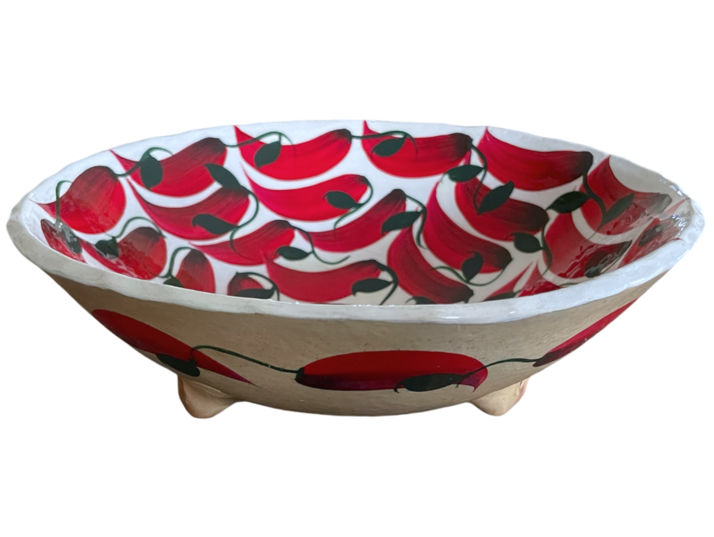 Plat creux , le piment, terre cuite 8H x 24,5D. Blanc et rouge