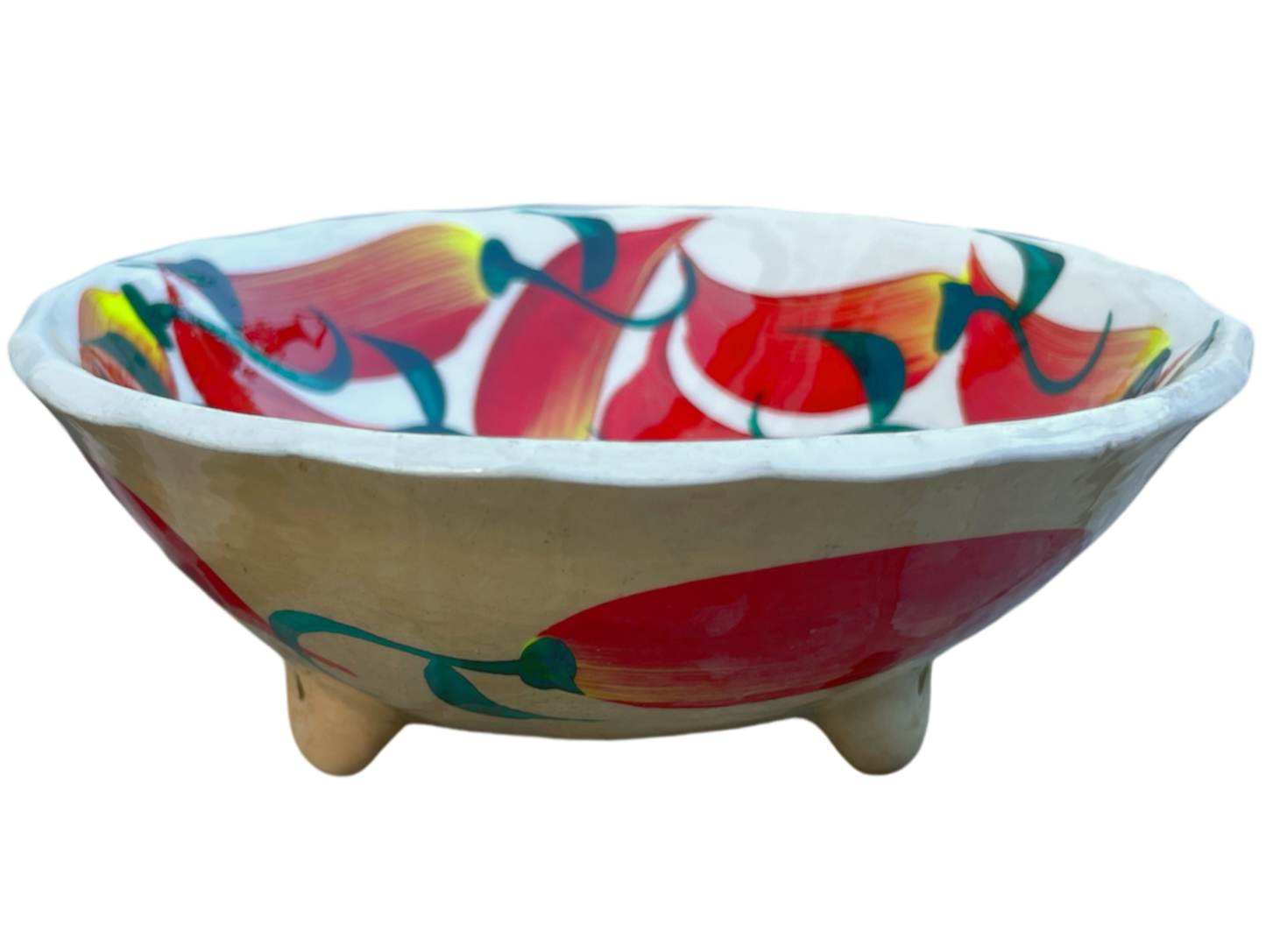 Plat creux , le piment, terre cuite 5,2H x 14,7D. Blanc et rouge