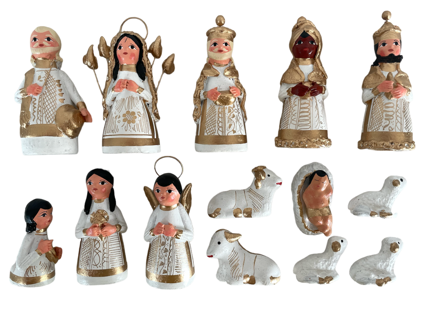 Crèche moyenne 14 santons, blanche et dorée (11 cm).