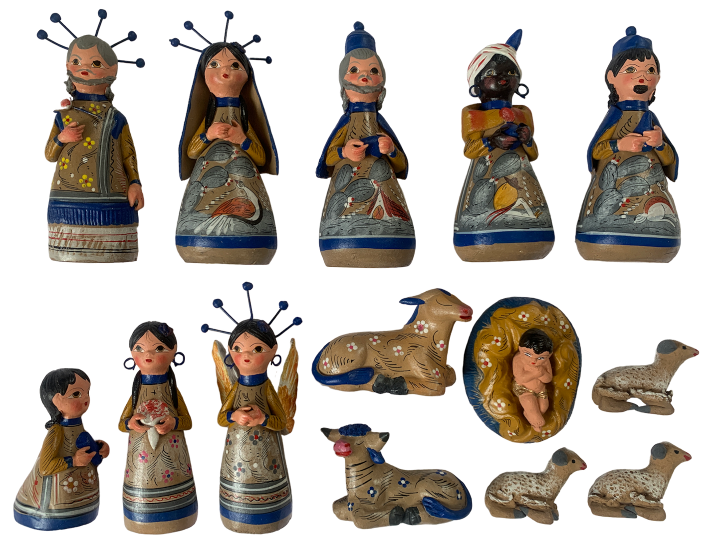 Large nativity scene with 14 figurines, blue