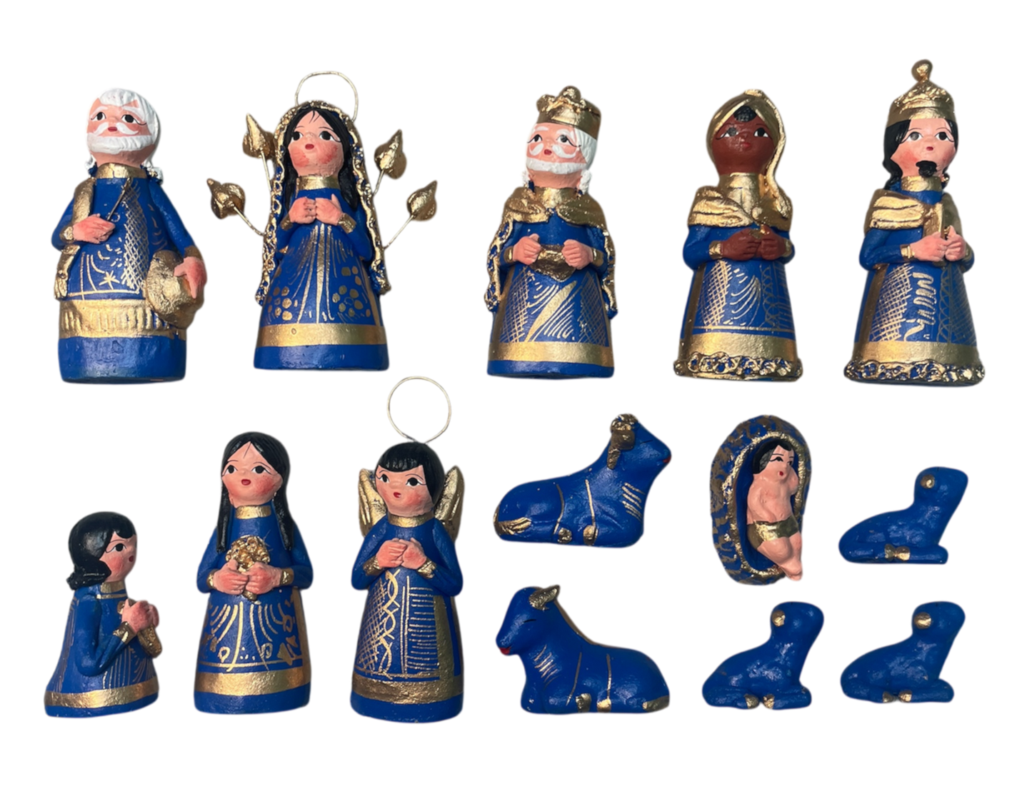 Crèche moyenne 14 santons, bleue et dorée (11 cm).