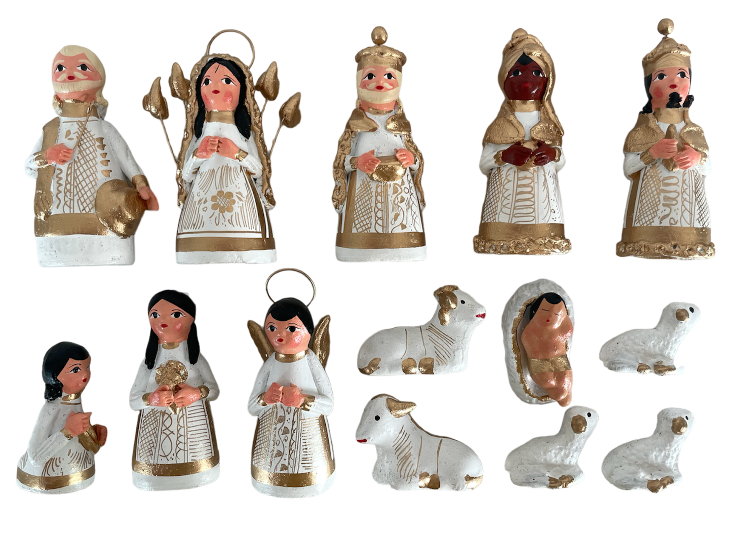 Medium nativity scene with 14 figurines, white and gold.