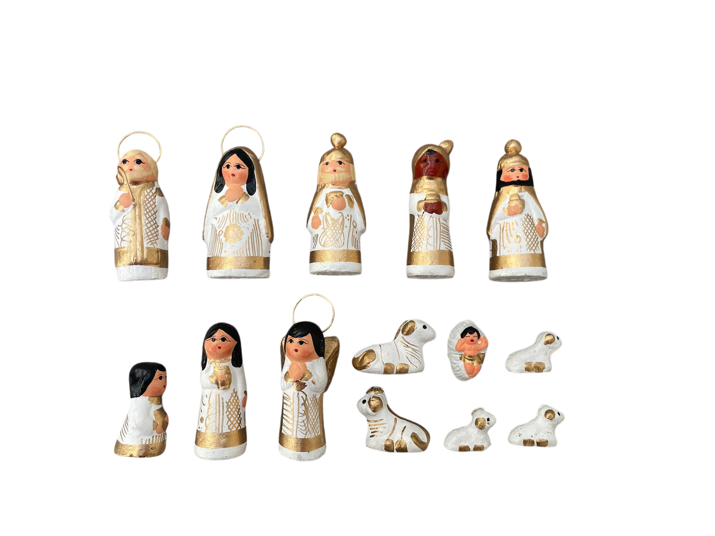 Crèche petite 14 santons, blanche et dorée (6,5 cm)