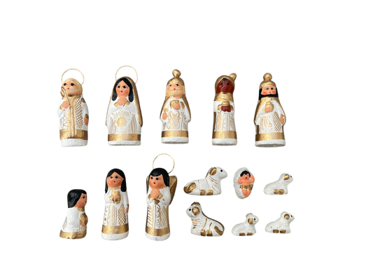 Crèche petite 14 santons, blanche et dorée (6,5 cm)