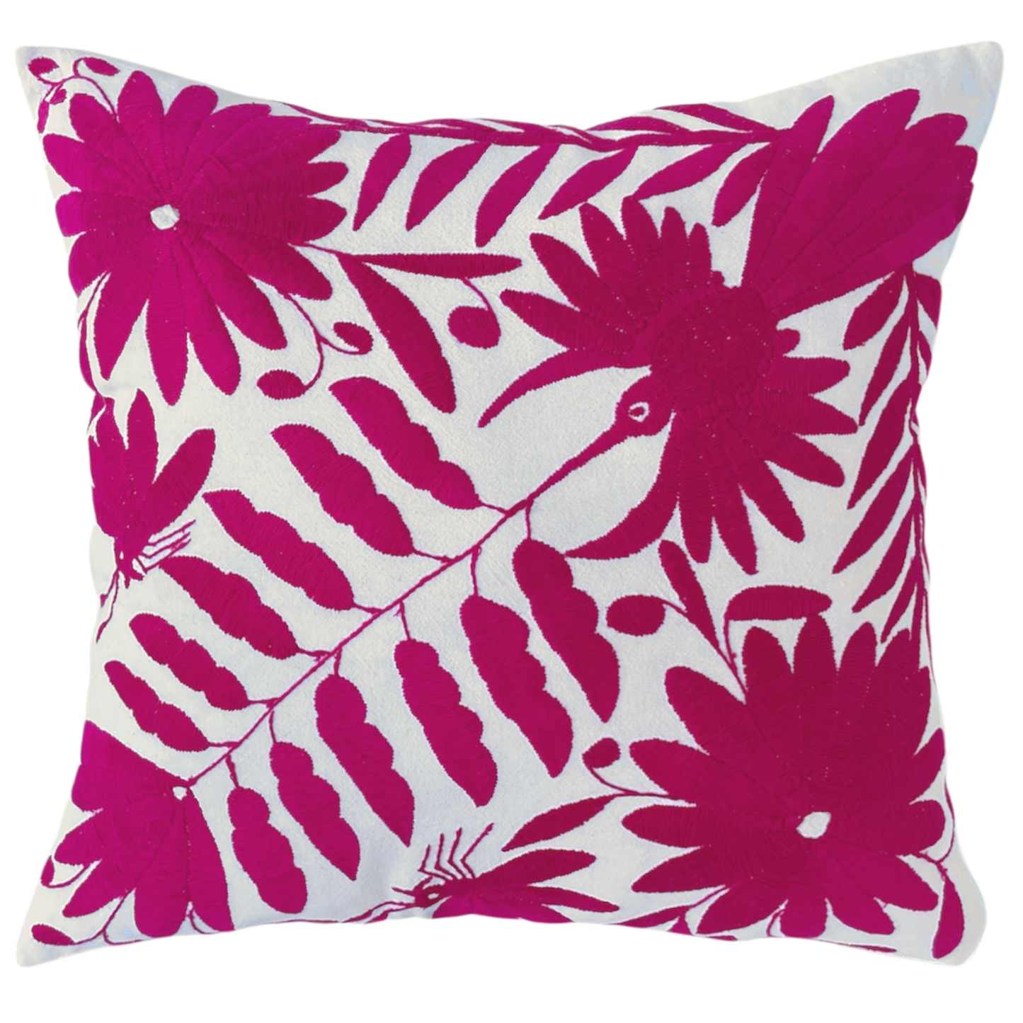 Housse de coussin brodée, le colibris, fuchsia