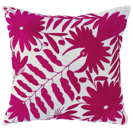 Housse de coussin brodée, le colibris, fuchsia